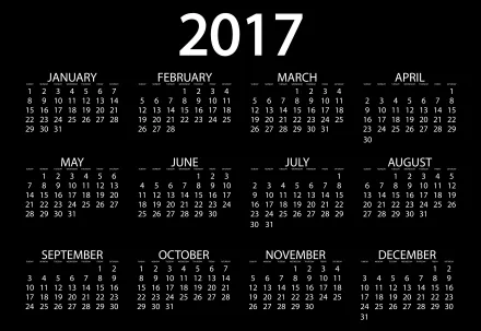 Black & White Misc calendar: 2017 full-year grid displayed as a 5K Ultra HD PC desktop wallpaper and background with a minimalist white-on-black layout.