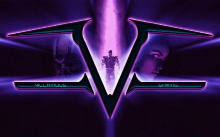 HD PC desktop wallpaper featuring a glowing purple V emblem with futuristic characters, designed as a video game background.