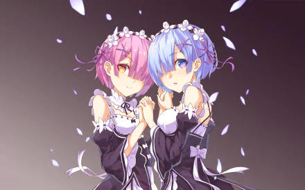 A beautifully illustrated HD wallpaper featuring Ram and Rem from Re:ZERO - Starting Life in Another World, surrounded by floating petals and a dark gradient background.
