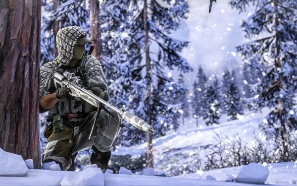 A soldier in winter camouflage kneels with a sniper rifle, surrounded by a snowy landscape, embodying the intense atmosphere of Battlefield 4 in this HD wallpaper.