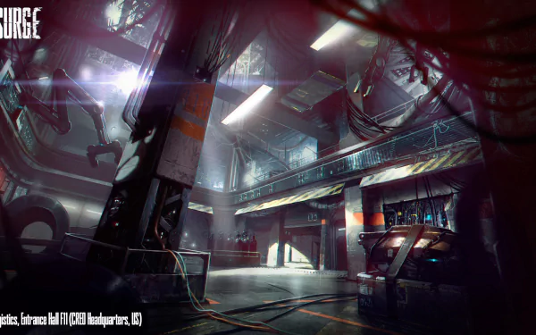 HD PC desktop wallpaper from the video game The Surge — a dim, industrial sci‑fi interior with hanging cables, catwalks, and glowing consoles in a dystopian facility.