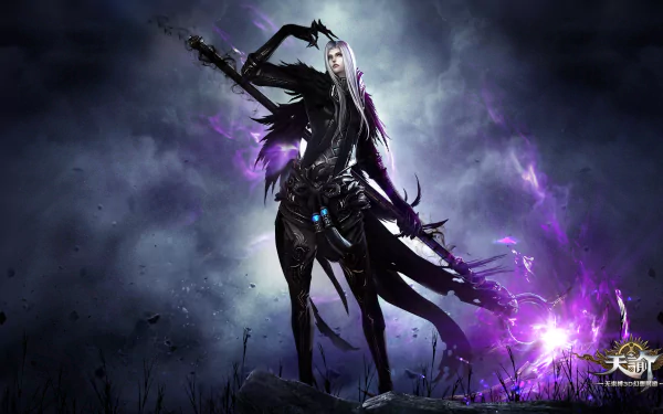 HD PC desktop wallpaper featuring a dark, mystical character wielding purple magic from the video game Revelation Online.