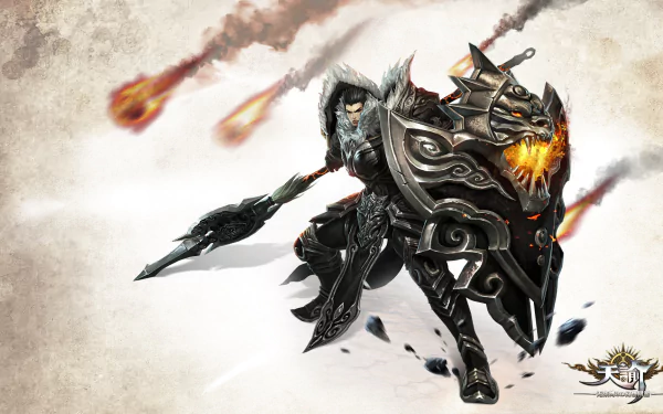 HD PC desktop wallpaper and background for the video game Revelation Online: black-armored warrior charges with a flaming ornate shield and spear as meteors streak across a pale sky.