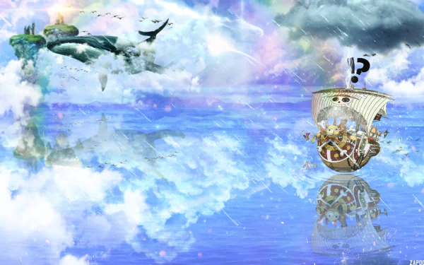 HD desktop wallpaper of the Thousand Sunny from One Piece with Usopp and Monkey D. Luffy aboard, sailing on a reflective ocean beneath a dreamy, cloudy sky.