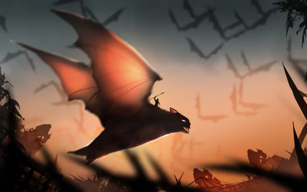 5K Ultra HD PC desktop wallpaper: a fantasy bat creature silhouetted against an orange dusk sky, backlit wings with distant flitting bats and jagged foreground silhouettes.