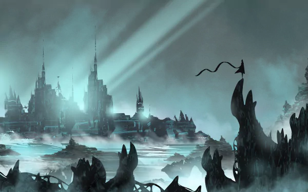 A dark, atmospheric landscape featuring a mystical city shrouded in fog and illuminated by beams of light, evoking a sense of adventure and journey in a video game world.