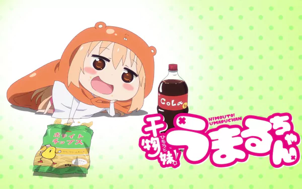 HD desktop wallpaper featuring Umaru Doma from the anime Himouto! Umaru-chan. Umaru is seen lounging in her orange hamster hoodie with snacks and a bottle of cola. Bright, cheerful background with anime logo.