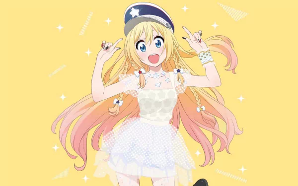 Chitoge Kirisaki from the anime Nisekoi shines in this vibrant HD desktop wallpaper, featuring her cheerful pose and signature blonde hair against a bright yellow background.