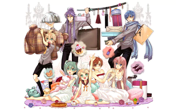 HD PC desktop wallpaper featuring anime style Vocaloid characters Kamui Gakupo, Luka Megurine, Kaito, Len Kagamine, Rin Kagamine, Meiko, and Hatsune Miku in colorful attire.