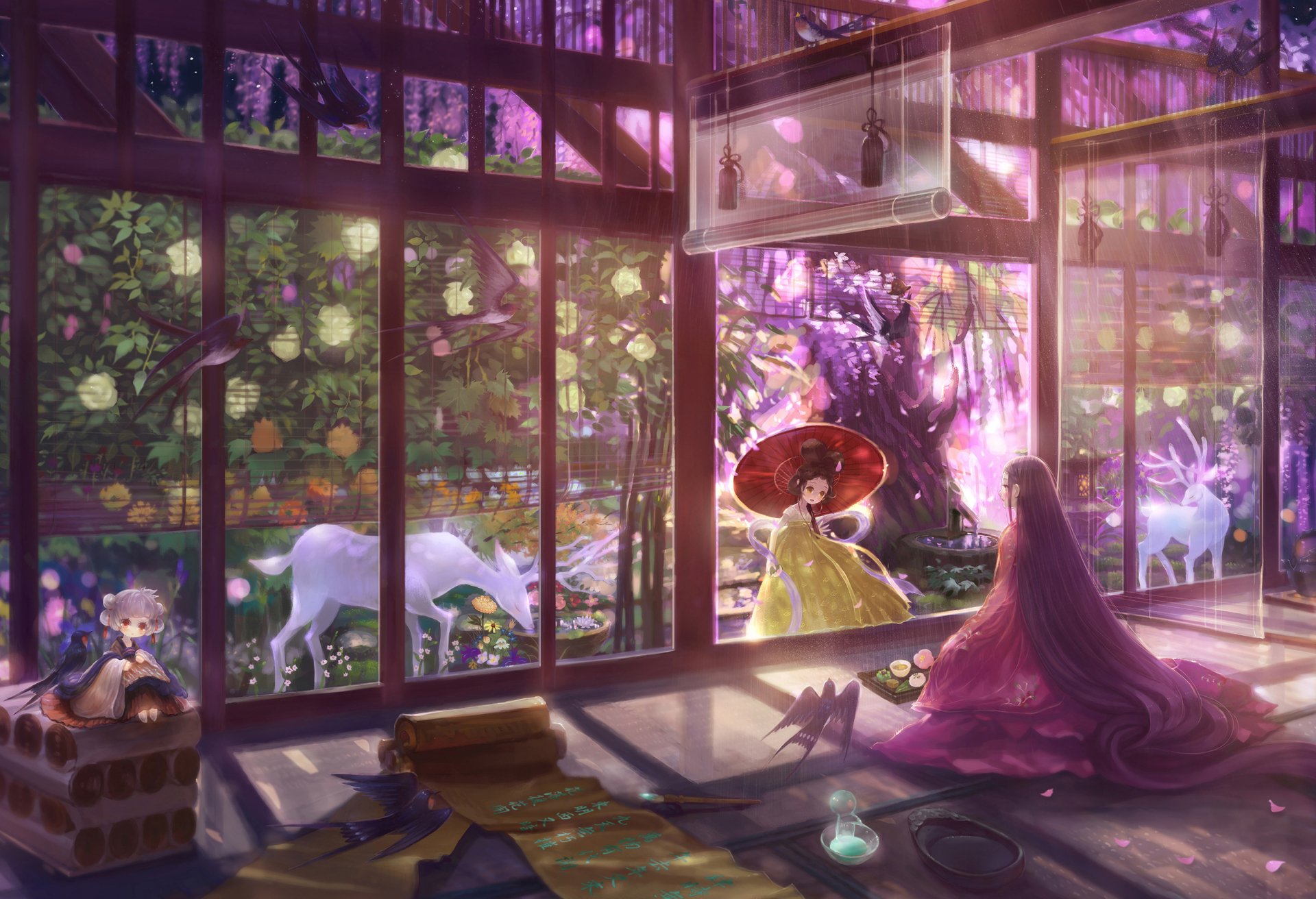A serene anime scene with a girl in a kimono, featuring brown and purple hair, holding an umbrella amidst a lush garden with deer and birds, viewed through a traditional window.