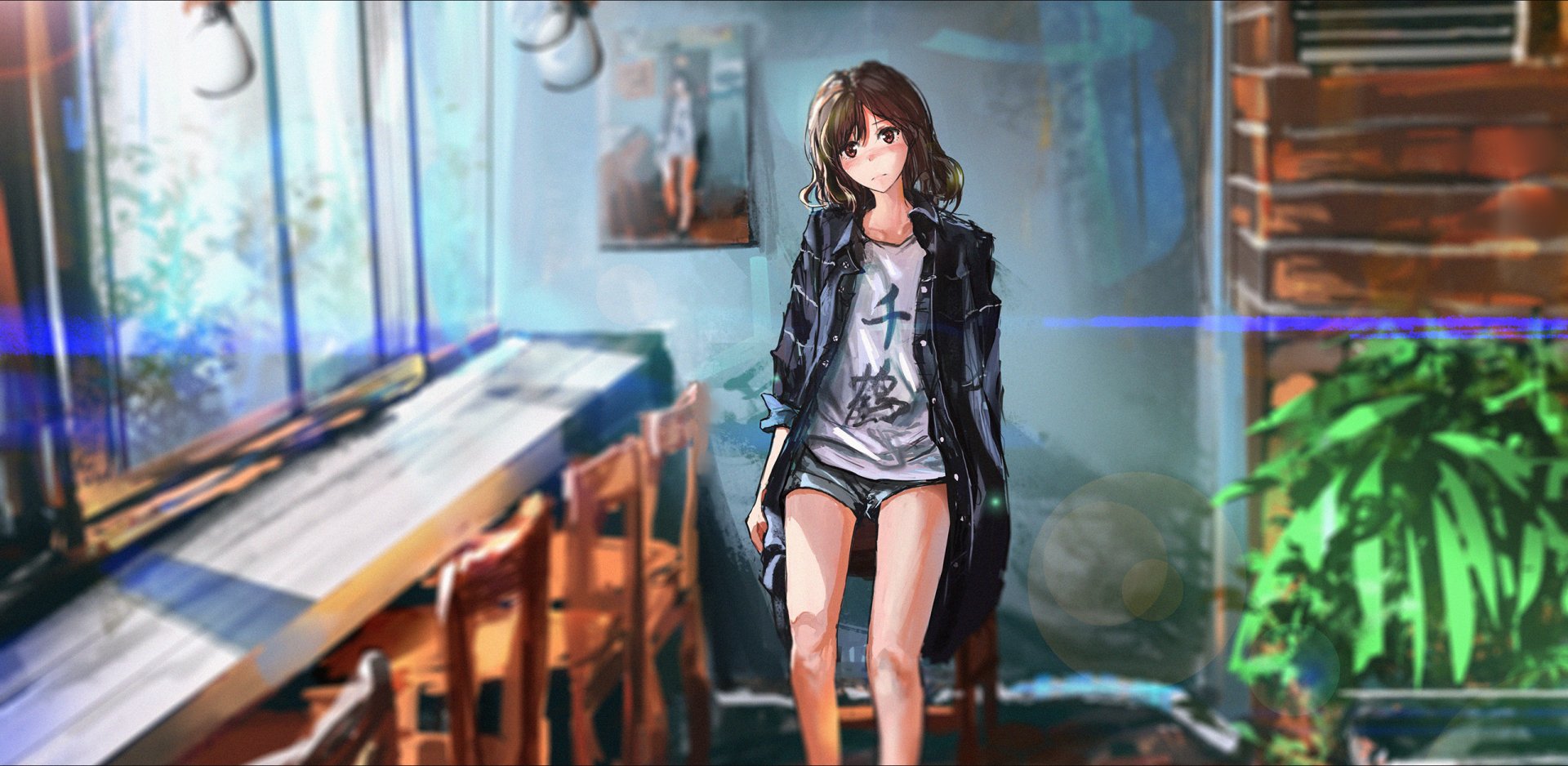An original anime-style HD wallpaper featuring a young woman in a stylish outfit, walking through a cozy, softly lit room with wooden furniture and greenery.