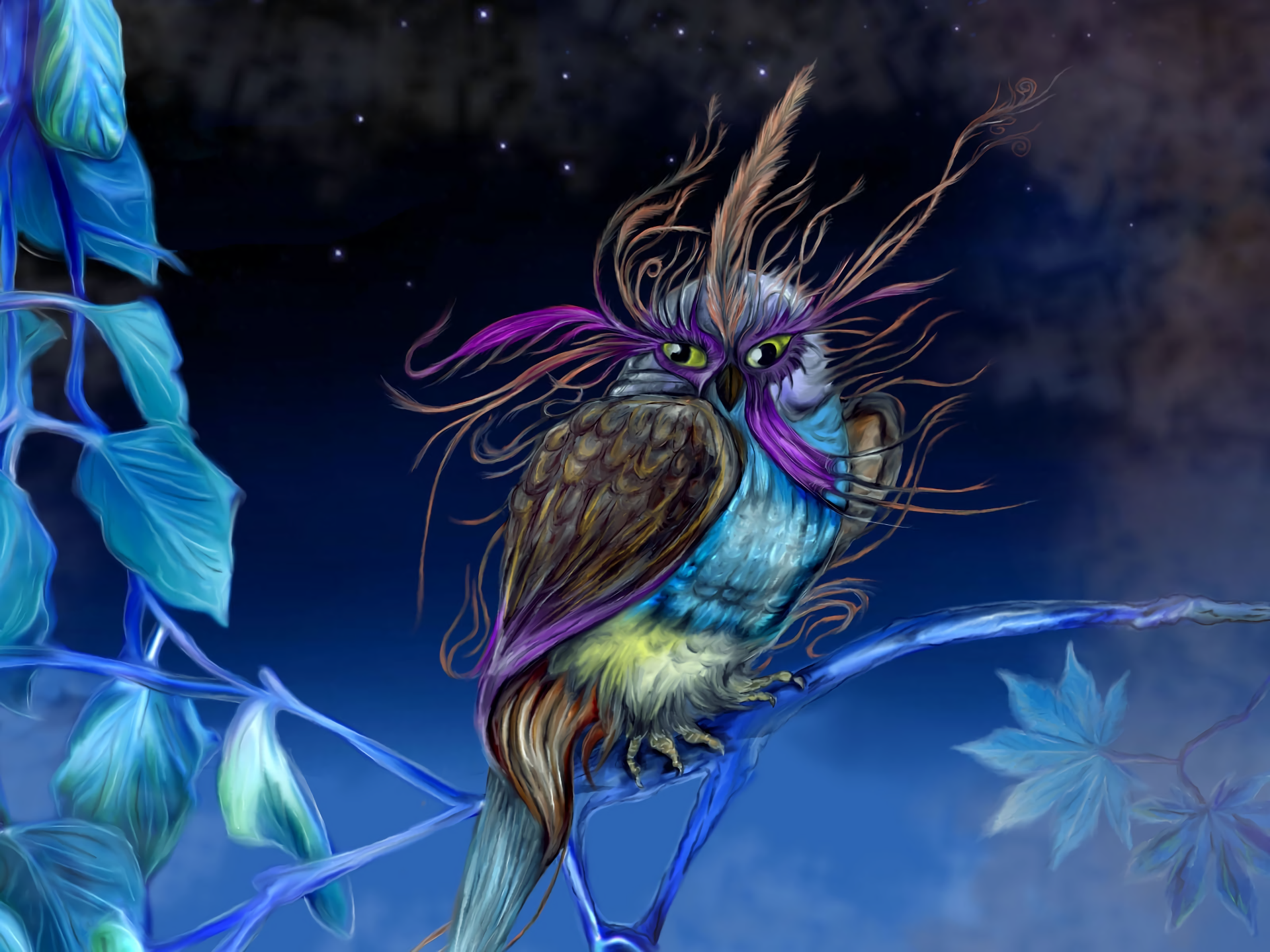 Colorful, vibrant owl with striking purple and blue feathers perched on a glowing branch against a dark, mystical background in this HD PC desktop wallpaper.
