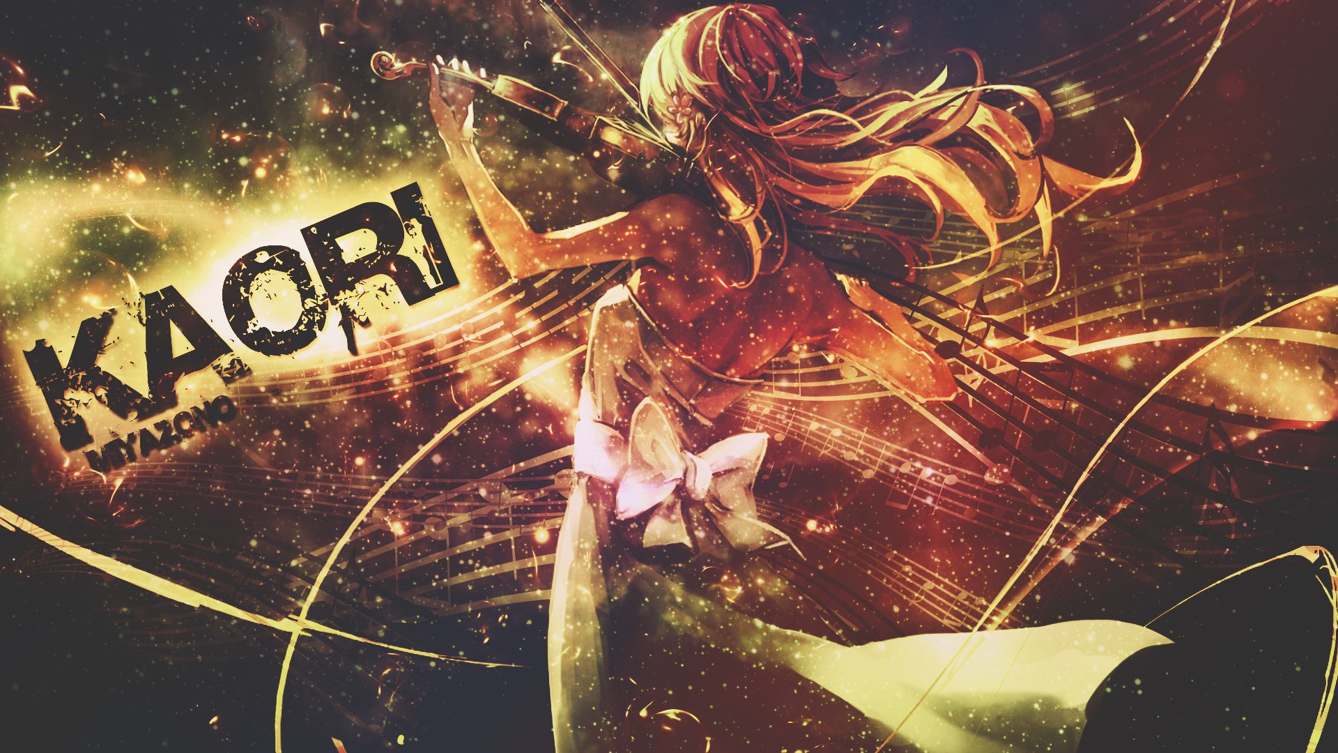 An HD wallpaper featuring Kaori Miyazono from the anime Your Lie in April, showcasing her playing the violin against a vibrant, musical background.