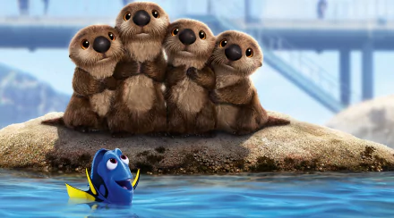 A charming HD wallpaper featuring Dory from *Finding Dory*, with a group of adorable otters cheerfully gathered on a rock by the water.