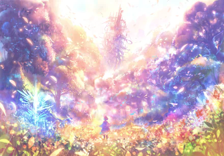 HD desktop wallpaper featuring vivid, colorful anime art. A serene, mystical forest bathes in a dreamy glow, with a lone figure in the center surrounded by lush trees and ethereal light.