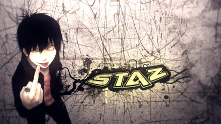 HD anime desktop wallpaper featuring Staz Charlie Blood from Blood Lad with a dark, textured background and bold yellow graffiti-style STAZ text.