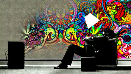 Artistic, psychedelic HD PC desktop wallpaper featuring a silhouette of a person in a chair, with vibrant, colorful swirling patterns emerging from behind them.