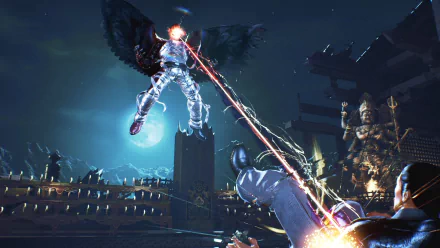 HD desktop wallpaper featuring a dynamic scene from Tekken 7 with characters Kasuya Mishima and Jin Kazama engaged in combat, set against a night sky and temple background.