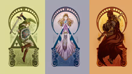 HD desktop wallpaper featuring The Legend of Zelda: Ocarina of Time characters Link, Zelda, and Ganondorf in stylized panels.
