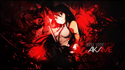 HD wallpaper featuring Akame from Akame Ga Kill! against a striking red and black background, showcasing her fierce expression and iconic sword.