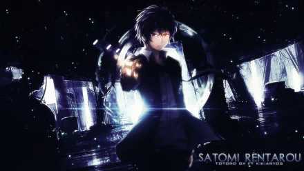 HD desktop wallpaper featuring Rentaro Satomi from the anime Black Bullet, standing in a dark, futuristic setting with glowing elements and intense expression, background text reads Satomi Rentaro.