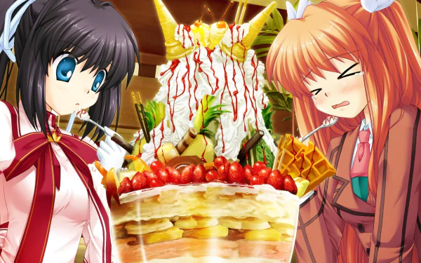 HD PC desktop wallpaper featuring anime characters Chihaya Ohtori and Lucia Konohana from the series Rewrite, sharing a large, elaborate parfait dessert.
