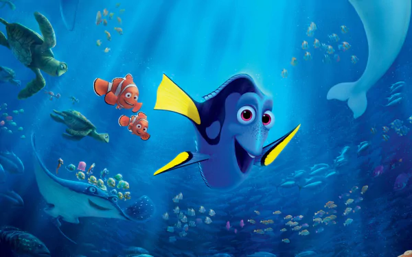 A vibrant HD wallpaper featuring Dory, Marlin, Nemo, Crush, and Mr. Ray from Finding Nemo and Finding Dory, set against a colorful underwater scene.