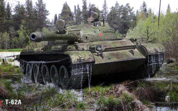 A detailed HD wallpaper featuring the T-62A tank from the video game World of Tanks, set against a lush, forested background with waterlogged terrain.