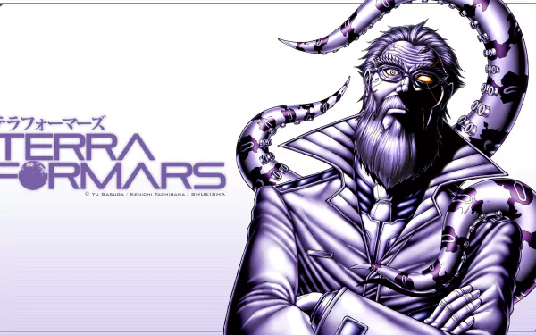 HD PC desktop wallpaper featuring an anime character from Terra Formars, illustrated by Liu Yiwu, with a detailed monochrome purple design and series logo.
