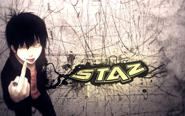 HD anime desktop wallpaper featuring Staz Charlie Blood from Blood Lad with a dark, textured background and bold yellow graffiti-style STAZ text.
