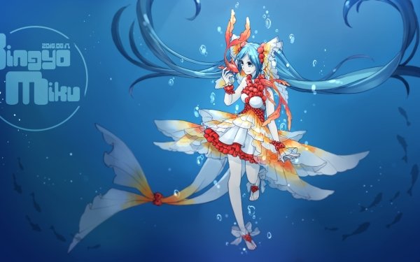 Anime Vocaloid Hatsune Miku Long Hair Blue Hair Blue Eyes Twintails Smile Fish Underwater Bubble HD Wallpaper | Background Image