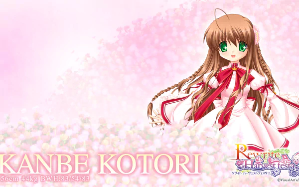 HD anime desktop wallpaper featuring Kotori Kanbe from Rewrite, with a soft pink floral background and elegant white and red attire.