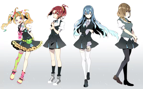 Anime-style HD wallpaper featuring characters Chidori Takashiro, Noriko Sonozaki, Niko Niiyama, and Honoka Maki from Kiznaiver, showcasing their distinct styles and vibrant designs.