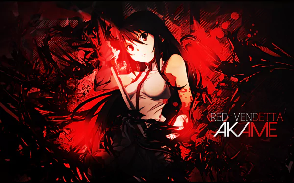 HD wallpaper featuring Akame from Akame Ga Kill! against a striking red and black background, showcasing her fierce expression and iconic sword.