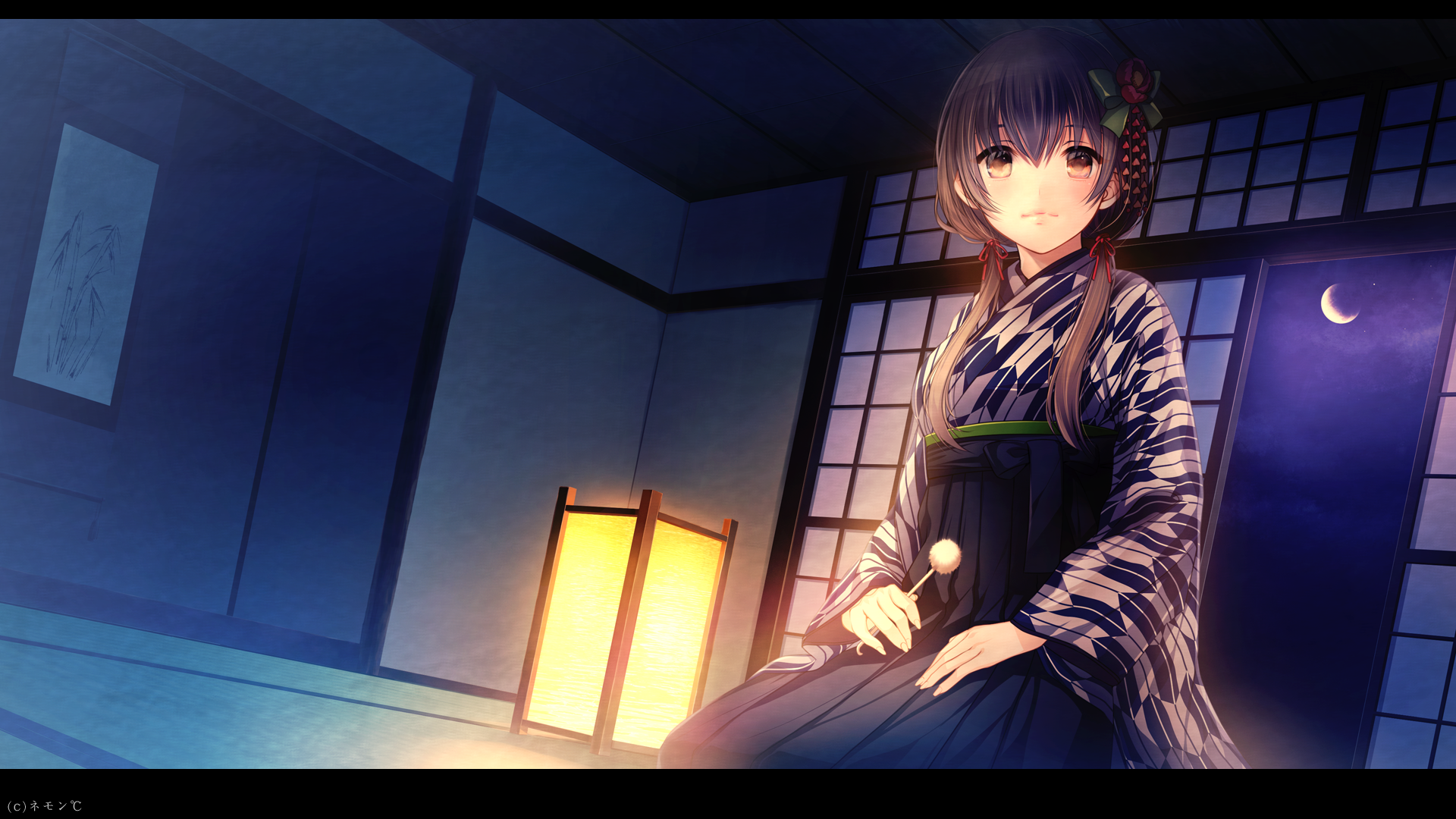 A serene anime scene featuring a girl in traditional attire, sitting peacefully in a dimly lit room with Japanese decor, creating a captivating HD PC desktop wallpaper and background.