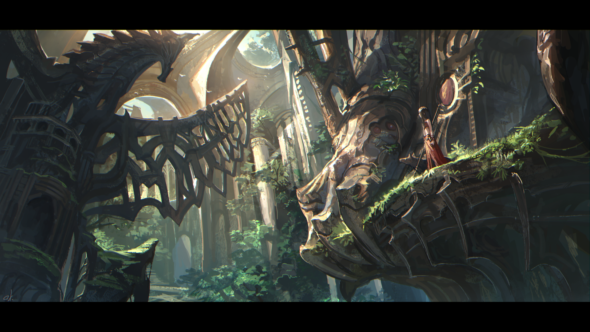 An original anime HD wallpaper showcasing a fantastical landscape with intricate architecture, lush greenery, and a character exploring the mystical ruins under a glowing moon.