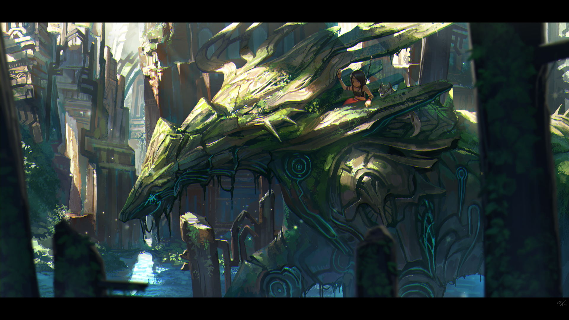 A vibrant anime-inspired creature rests amidst ancient ruins, featuring intricate details and rich colors, making it an engaging HD desktop wallpaper and background.
