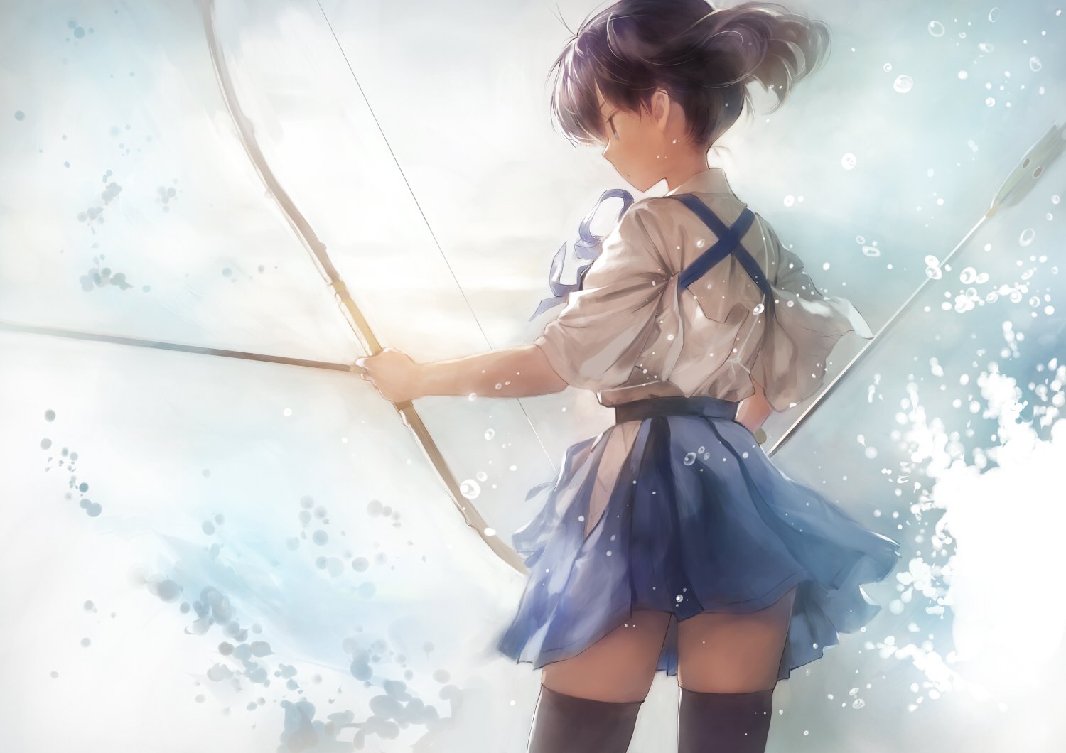A dynamic HD wallpaper featuring Kaga from Kantai Collection, showcasing her black short hair, thigh highs, and skirt as she holds a bow and arrow against a dreamy background.