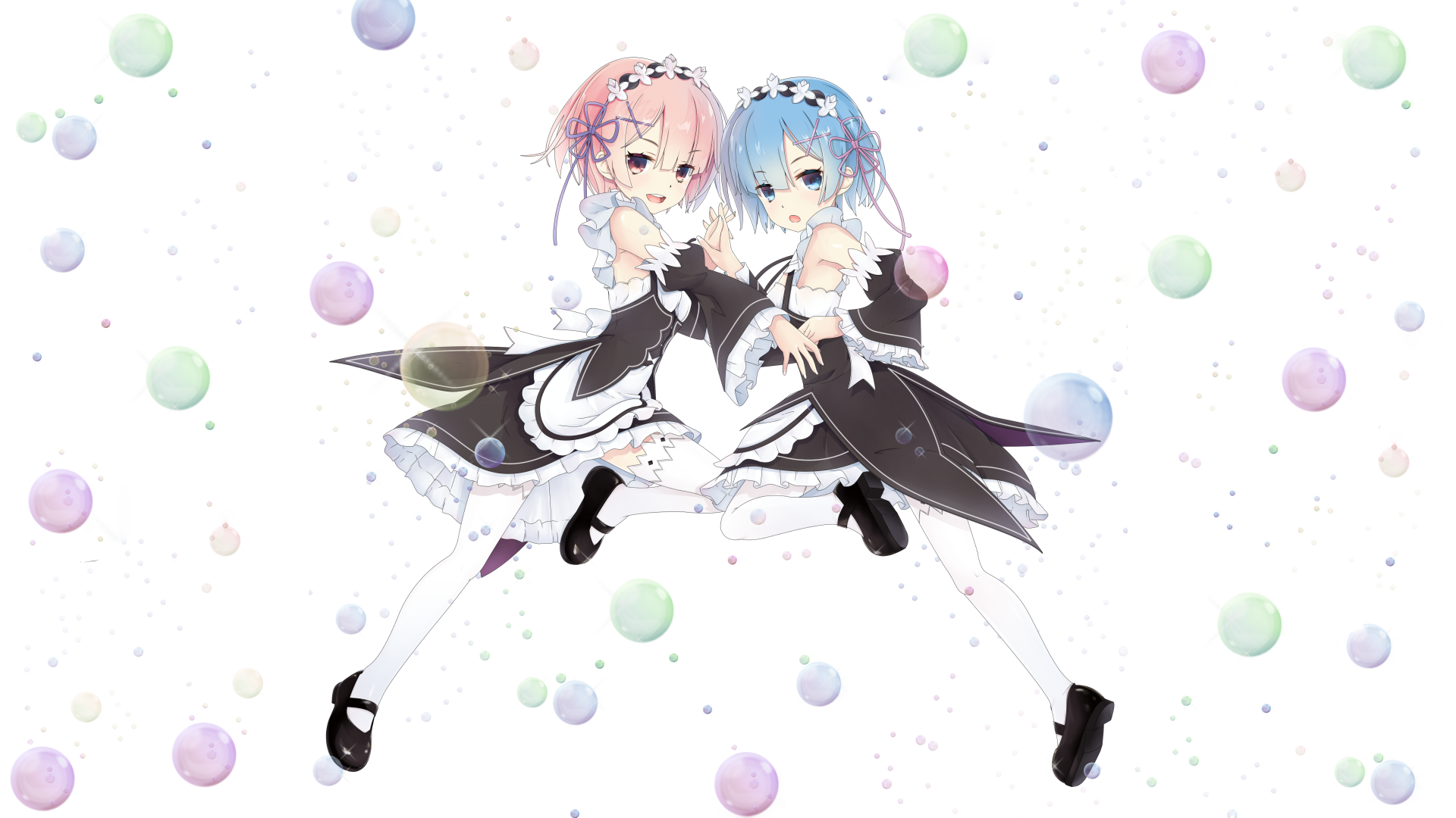 A vibrant 4K Ultra HD wallpaper featuring Ram and Rem from Re:Zero - Starting Life in Another World, set against a whimsical background of colorful bubbles.