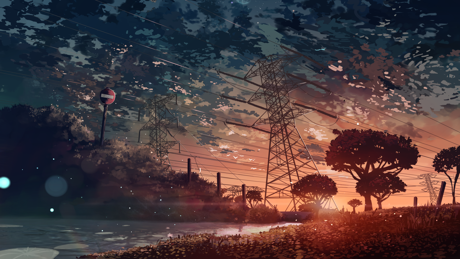 This HD anime wallpaper features an original illustration of a serene landscape with a setting sun, power lines, trees, and a river, creating a tranquil and picturesque scene.