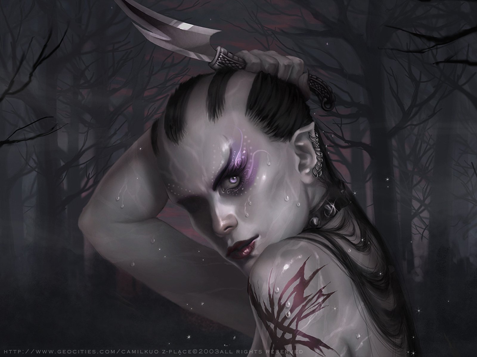 Dark fantasy HD PC wallpaper featuring a pale vampire with glowing purple eyes and tattoos, set against a haunting, foggy forest background.
