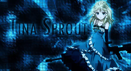 A stunning HD wallpaper featuring Tina Sprout from the anime Black Bullet, set against a dynamic blue background with artistic elements and bold text.