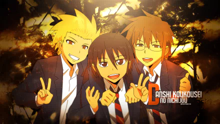 Three anime characters from Daily Lives of High School Boys—Tadakuni, Yoshitake Tanaka, and Hidenori Tabata—smile and pose together against a vibrant background.