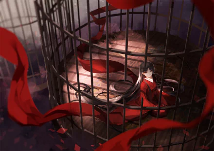 Yukiko Amagi from Persona 4 sits within a cage, draped in flowing red fabric, creating a striking HD PC desktop wallpaper and background.