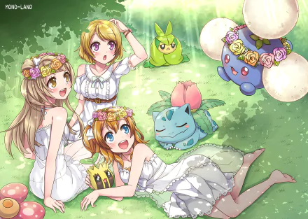 HD anime crossover desktop wallpaper featuring three girls in white dresses with flower crowns, surrounded by cute Pokémon characters on a grassy background.