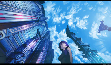 Anime-style HD PC desktop wallpaper from Isle of Winds, featuring a character standing beneath towering futuristic structures under a bright, cloud-filled sky.