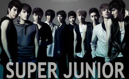 HD desktop wallpaper featuring the members of Super Junior in stylish attire with the group's name prominently displayed.