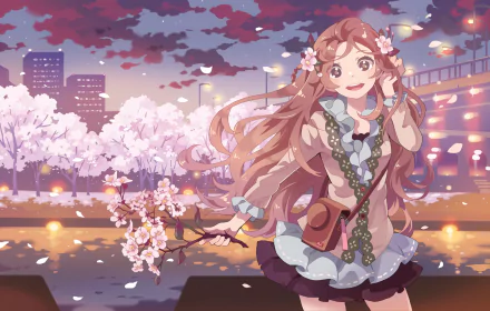 Anime-style HD desktop wallpaper featuring an original character with long flowing hair holding cherry blossoms against a cityscape at sunset with glowing streetlights.