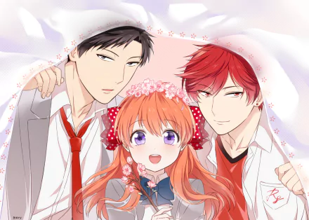 A colorful HD wallpaper featuring characters Mikoto Mikoshiba, Umetarou Nozaki, and Chiyo Sakura from the anime Monthly Girls' Nozaki-kun, set against a soft, floral background.