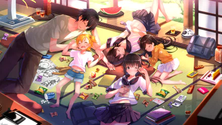 A vibrant HD wallpaper featuring characters Miwa Yamamura, Hina Kubota, Naru Kotoishi, Seishuu Handa, and Tamako Arai from the anime Barakamon, enjoying a sunny day in a cluttered room.